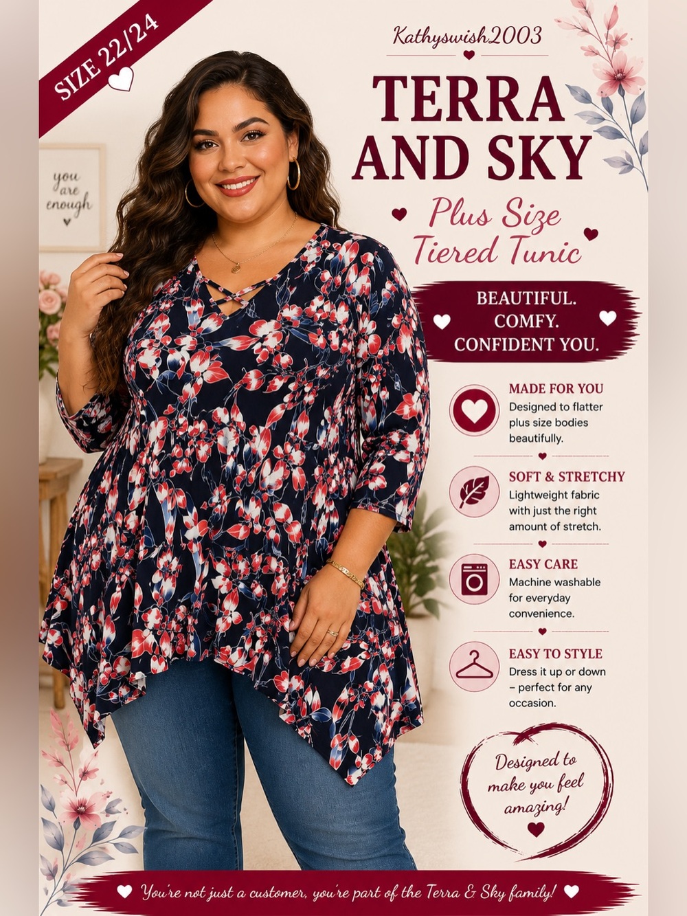 Avenue Women’s Sz 22/24  Floral 3/4 Sleeve Crisscross V-Neck Sharkbite T…